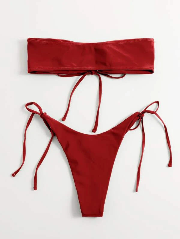 Women Seperated Swimwear Low Waist Basic Strapless Solid Color Tube Top Sexy Bikini