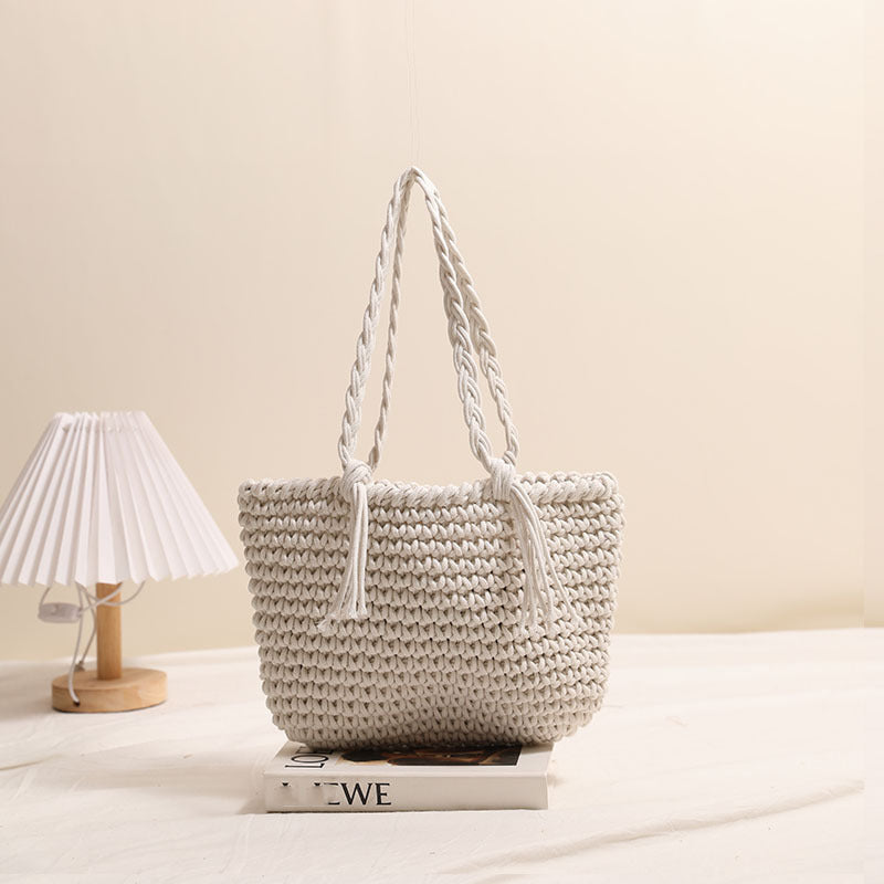 Tassel Shoulder Cotton Thread Woven Bag Solid Color Straw Bag Vacation Beach Bag Casual Women Bag