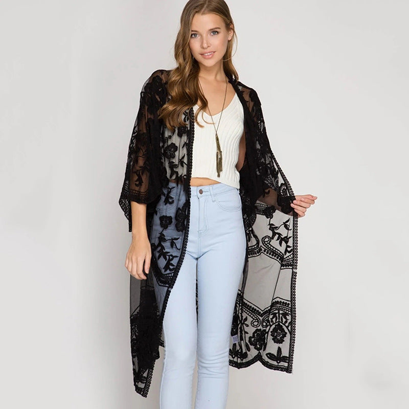 Sexy Grape Silk Embroidered Seaside Vacation Sun Protection Clothing Beach Jacket Bikini Swimsuit Outwear Cardigan for Women