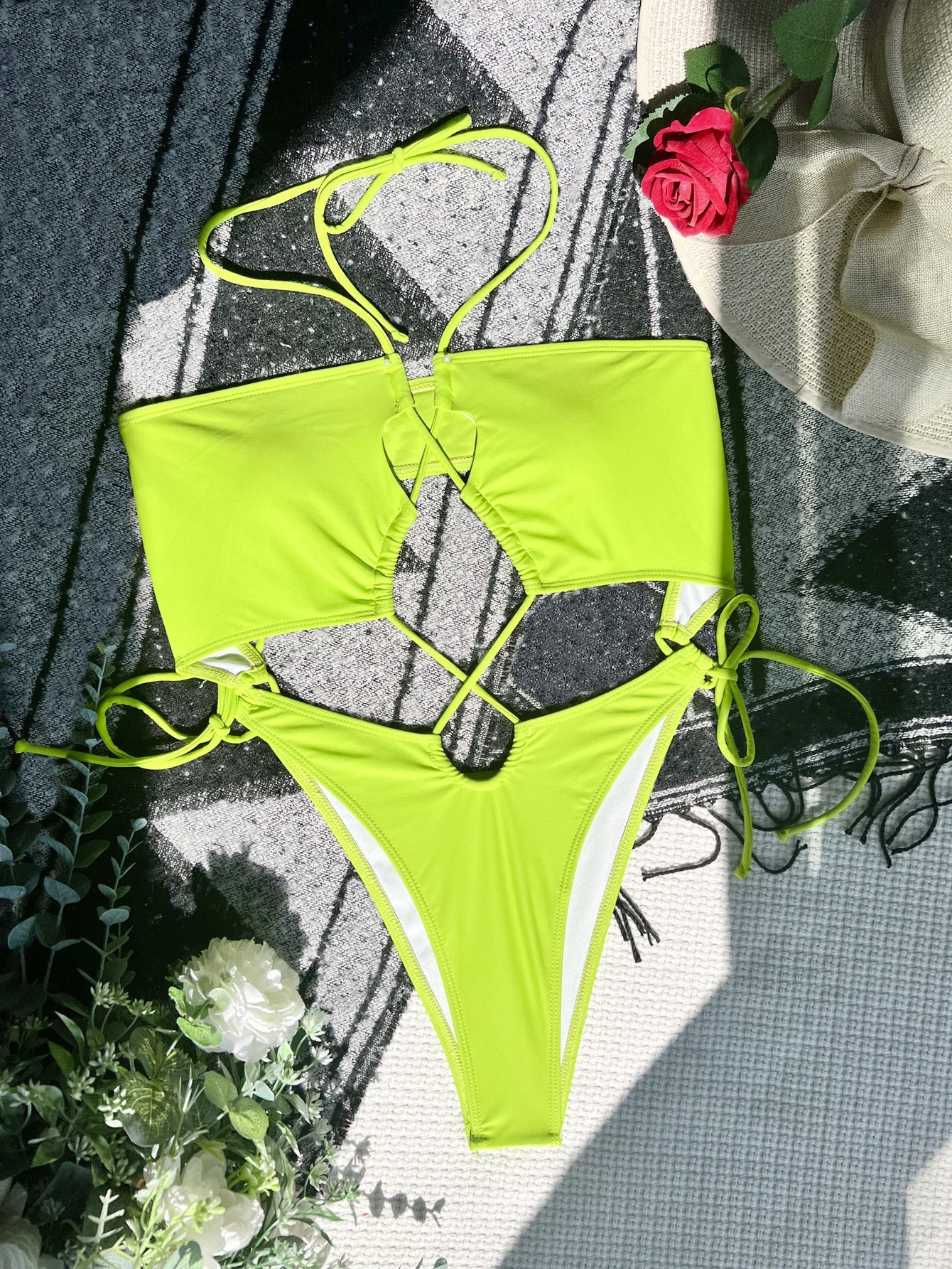 Women Double One Piece Swimsuit Solid Color Bikini Swimsuit Sexy Swimsuit Strap Bikini