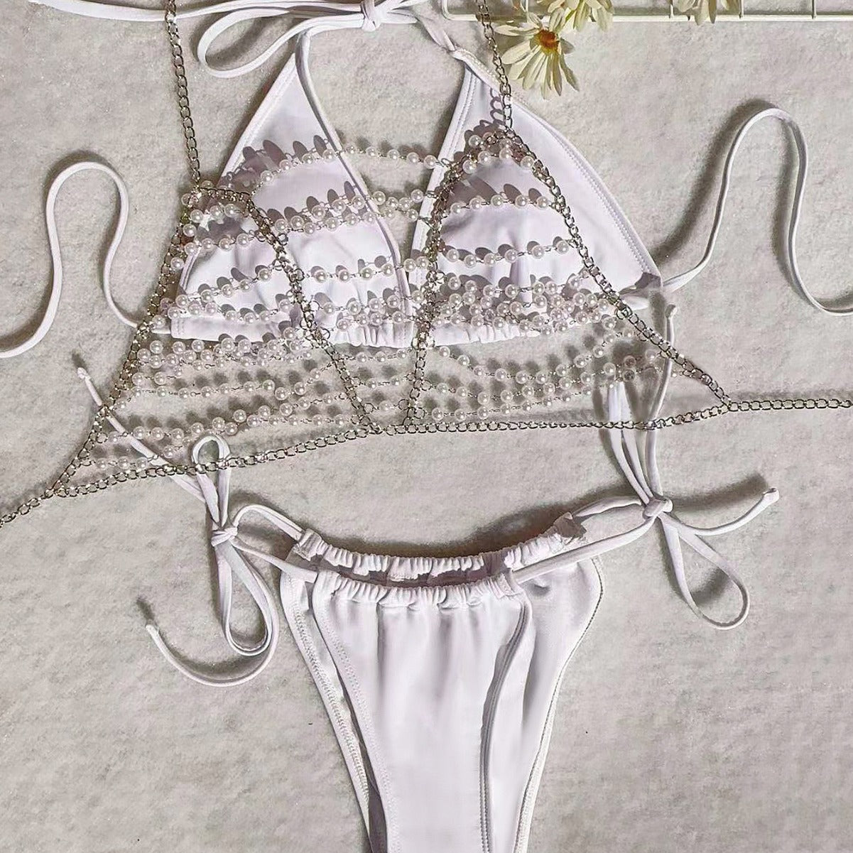 Sexy Pearl Chain Bandage Swimsuit Women Split Three Piece Bikini