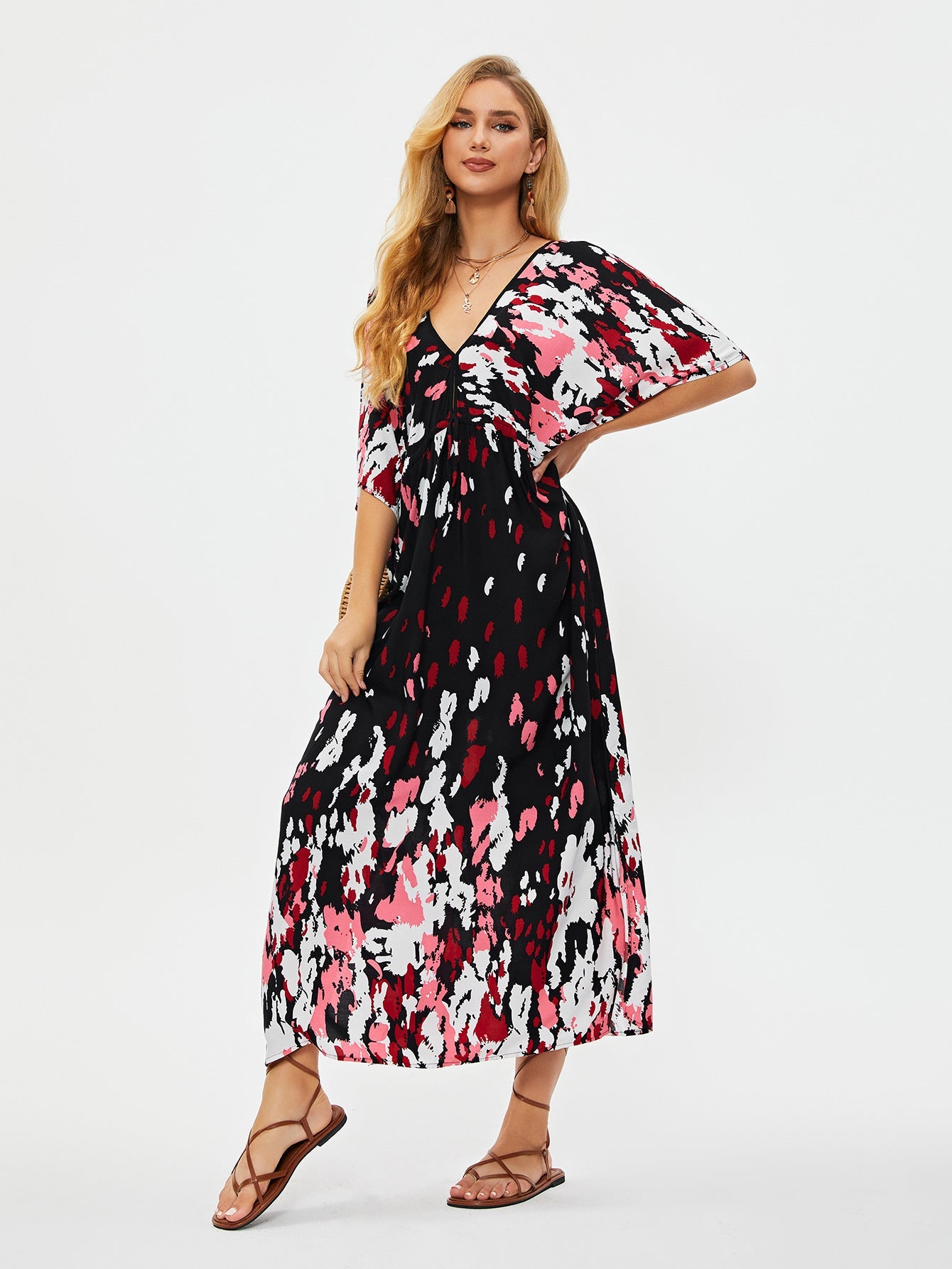 Printed Front Back V neck Pull Belt Holiday Casual Beach Bikini Cover