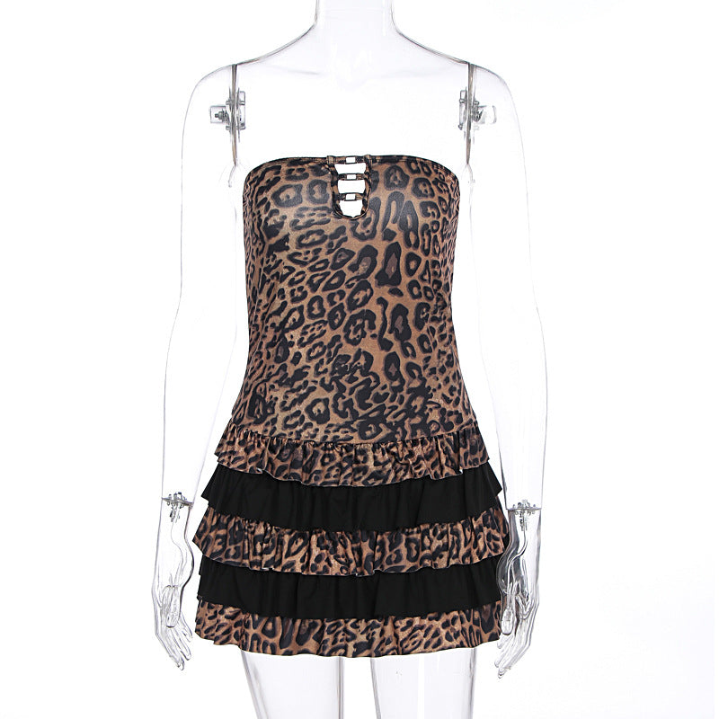 Women Clothing Summer Sexy Tube Top Leopard Print Sleeveless Pleated Short Dress