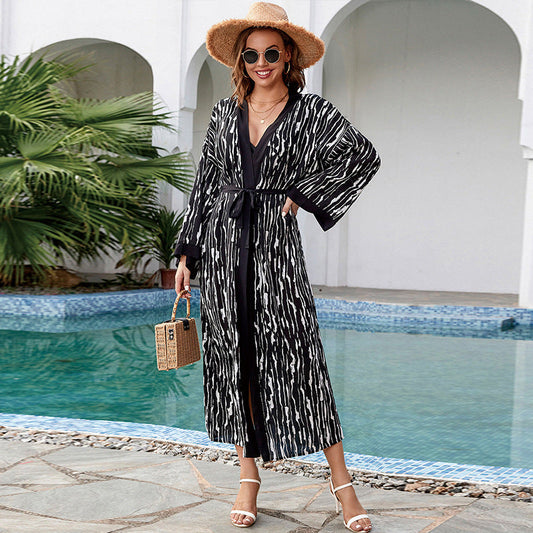 Print Holiday Beach Jacket Sun Protection Clothing Cardigan Long Bikini Cover up Swimsuit Blouse