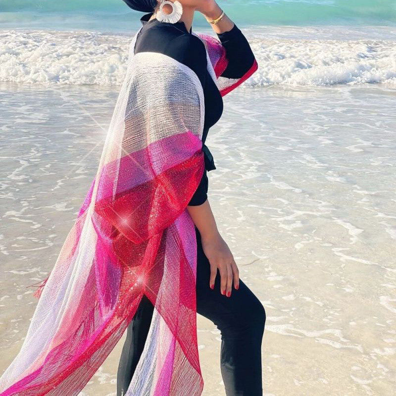 Mesh Color Matching Beach Cover up Sexy Cardigan Loose Fitting Tassel Sun Protection Shirt Beach Cover Up