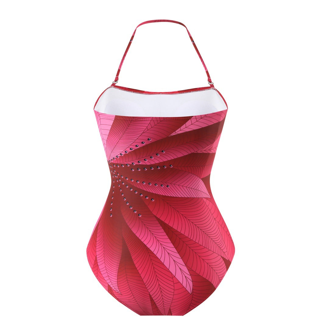 Conservative Swimsuit Digital Printed Belly Covered Halter Gauze Swimsuit for Women