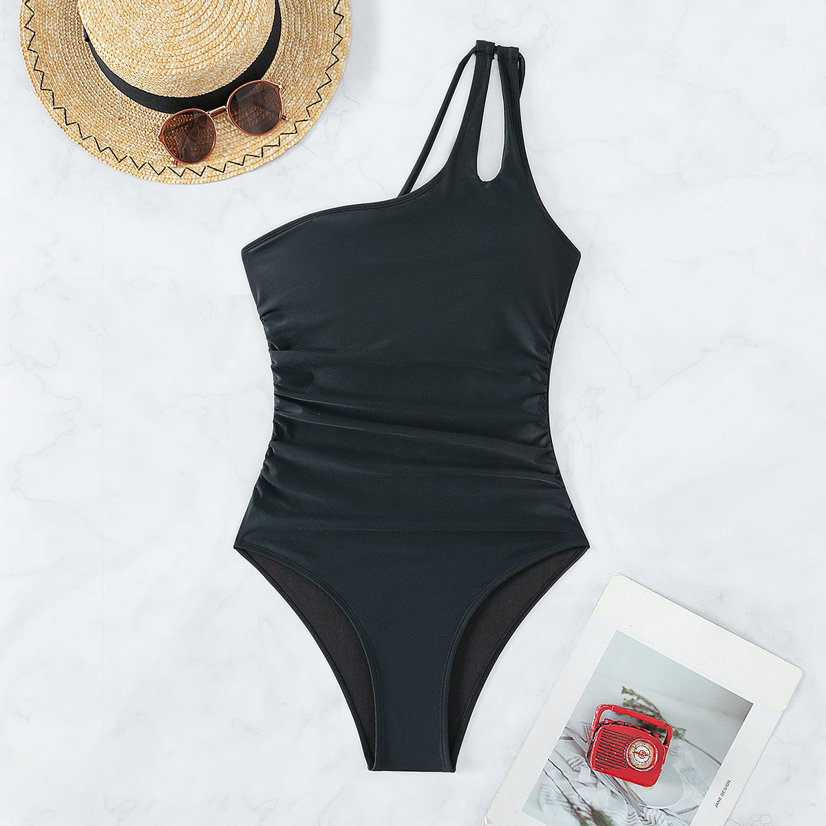 Solid Color One Shoulder Sexy High Waist One Piece Bikini Swimsuit for Women