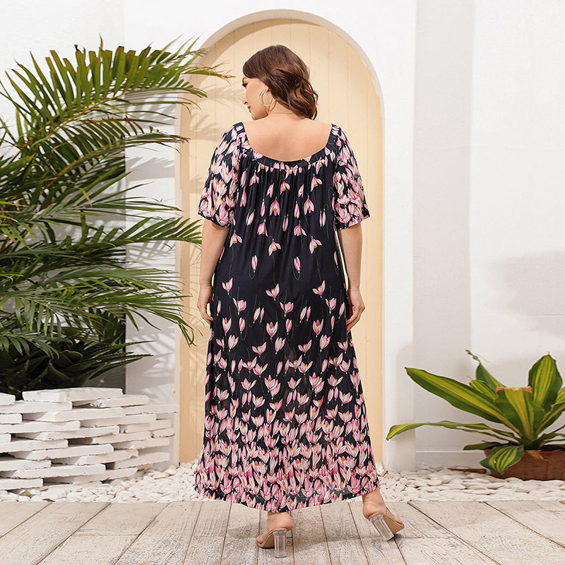 Robe longue ample à manches courtes et imprimé floral pour femme grande taille
