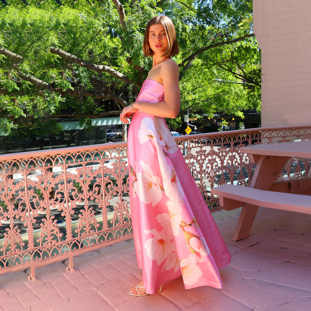 Satin Evening Dress - Strapless High Waist Floral Print Tube Top Dress