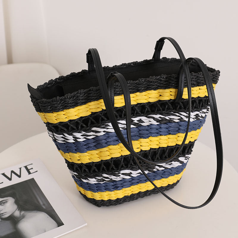 Hollow Out Cutout Straw Bag Vintage Stripe Portable Straw Bag Woven Bag Seaside Vacation Beach Bag Shoulder Bag