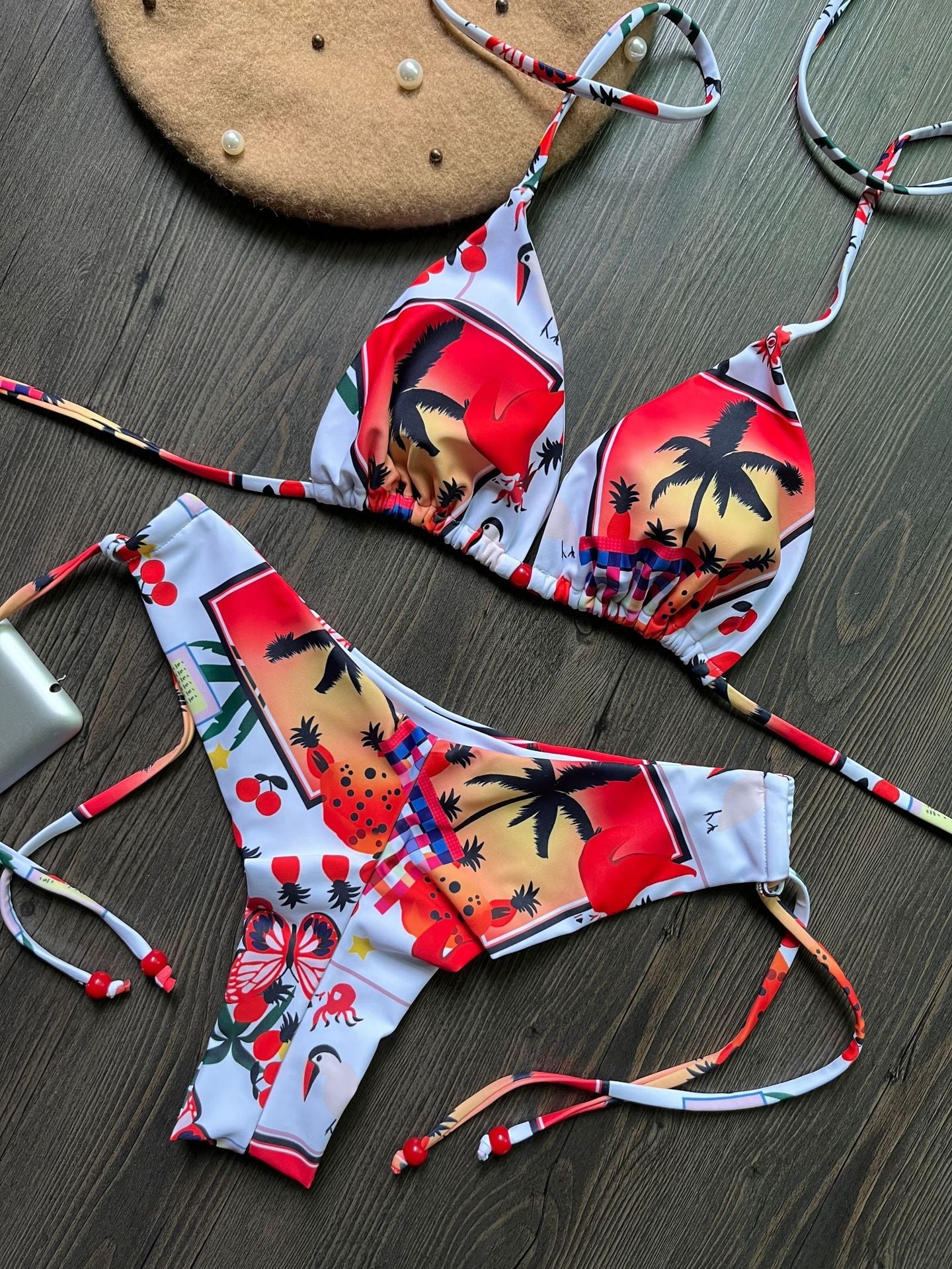 Swimsuit Women Printed Triangle Bikini Lace Up Three Point Bikini Swimsuit