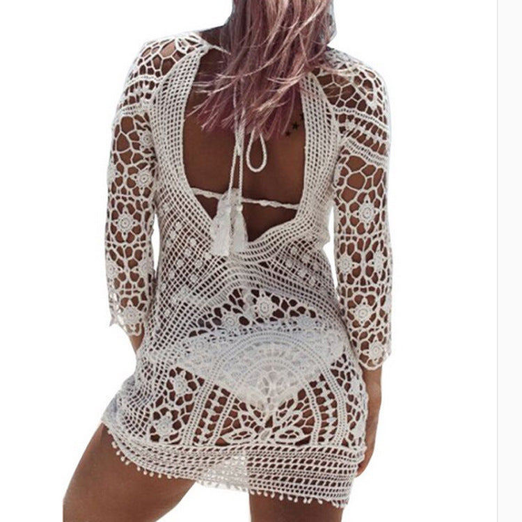 Sexy Hollow-out Bare Back Lace Crochet Bikini Sun Protection Clothing Swimsuit Blouse Beach Shirt for Women