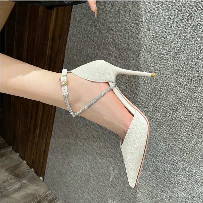 Pointed Stiletto Heel Side Empty Shoes Women Rhinestone Closed Toe Buckle High Heeled Sandals
