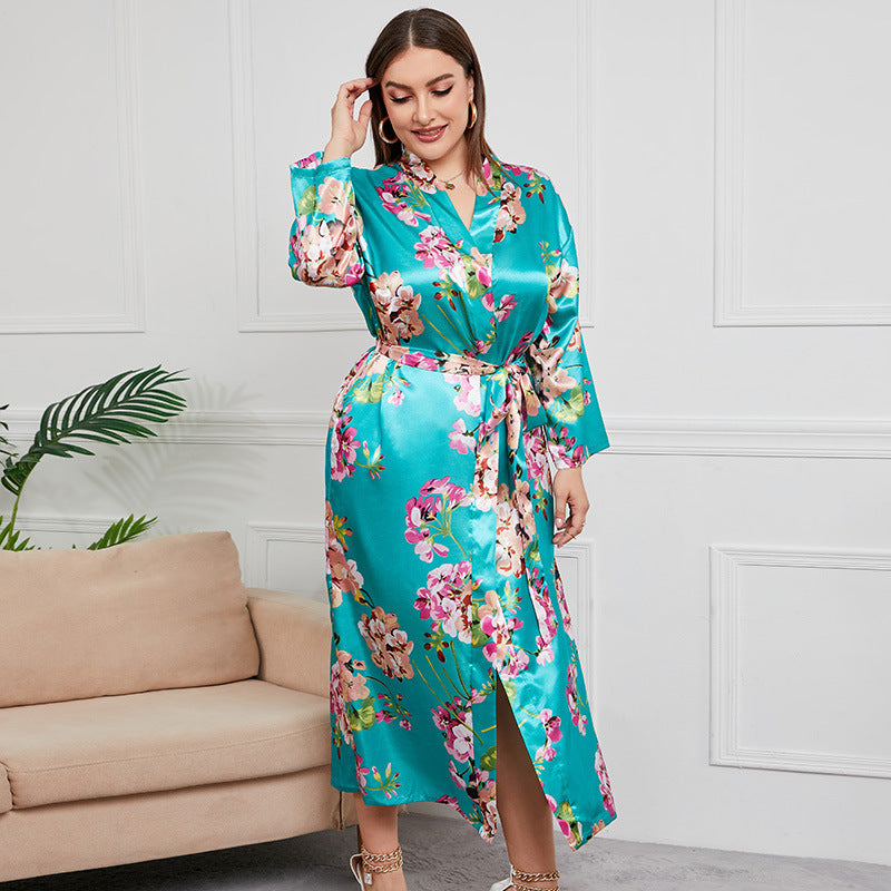 Plus Size Women Artificial Silk Satin Long Sleeved Pajamas Plump Girls Wearable Home