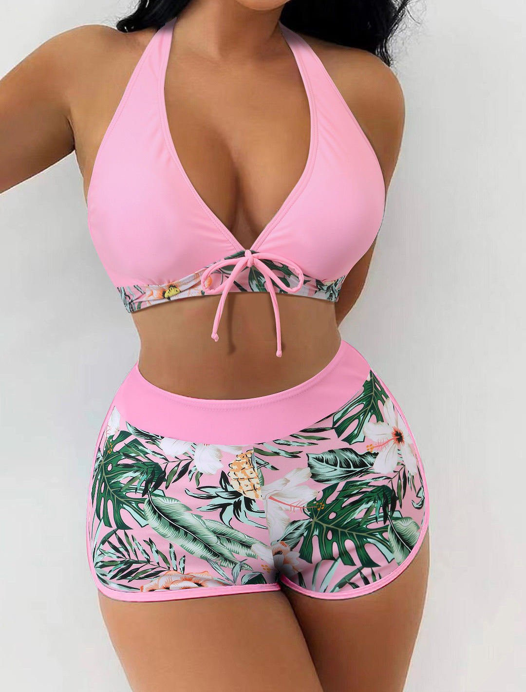 Swimsuit Women Split High Waist Boxer Lace Printing Solid Color Stitching Swimsuit