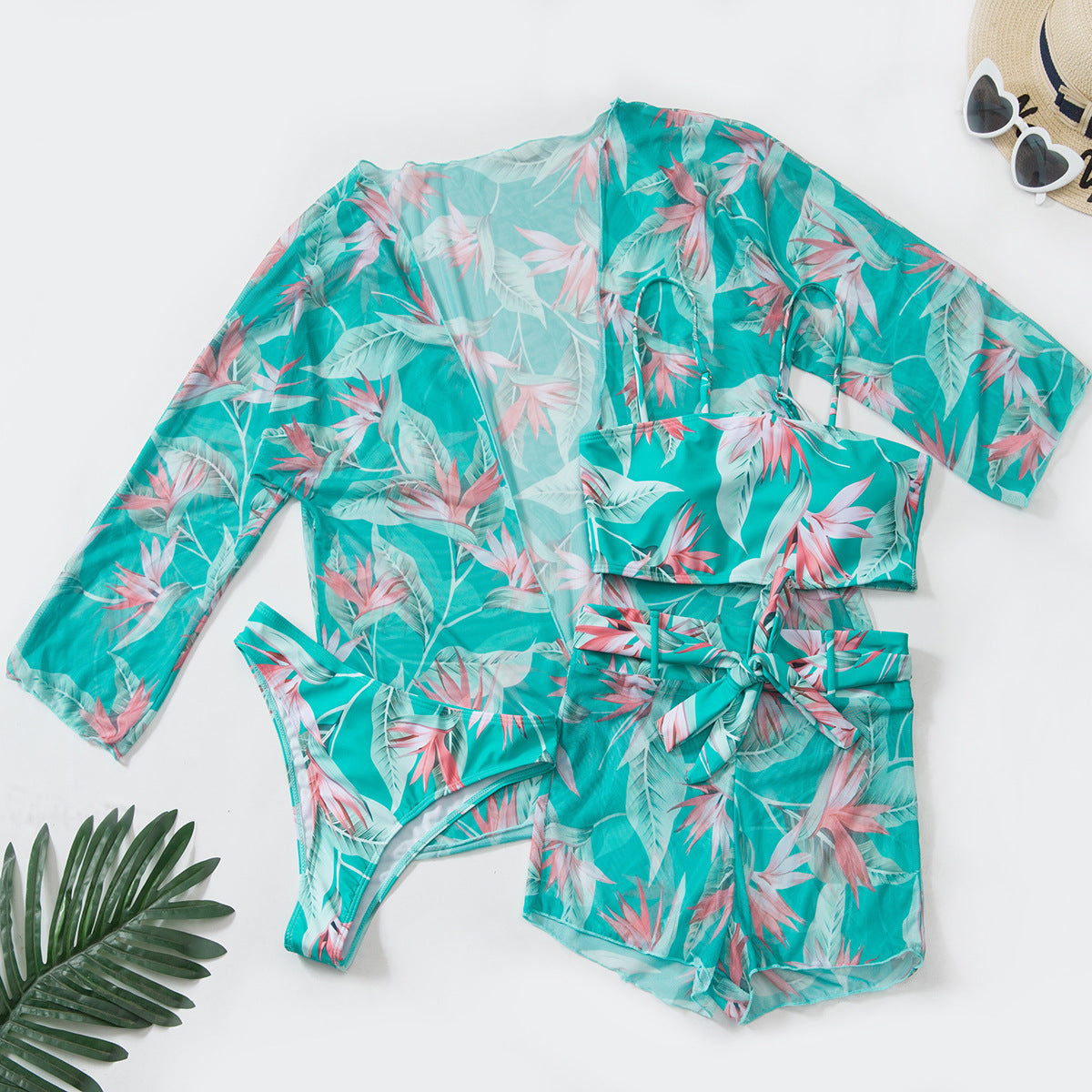 Swimsuit Women Split Three Piece Suit High Waist Long Sleeves Boxers Bikini