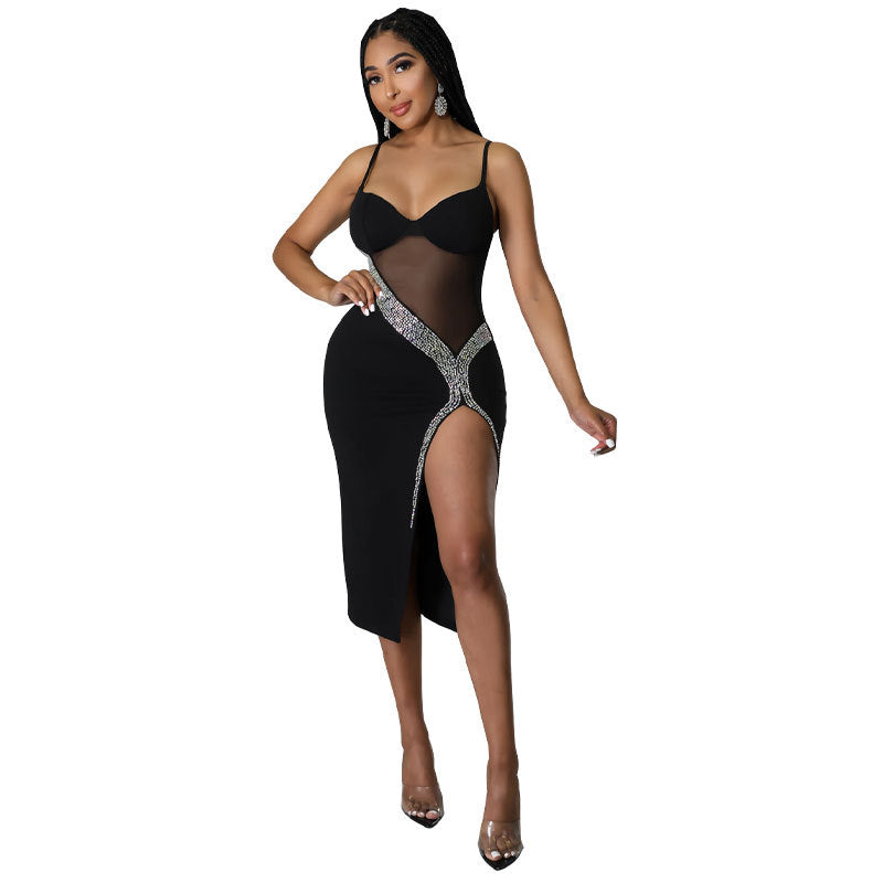 Dress Fur Women Braces Mid Length Rhinestone Sexy Dress