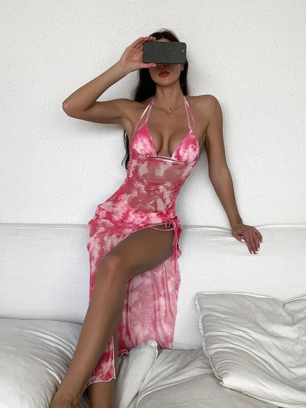 Swimwear Blooming Three Piece Bikini Sexy Neck Bikini Women Dress Split Swimsuit