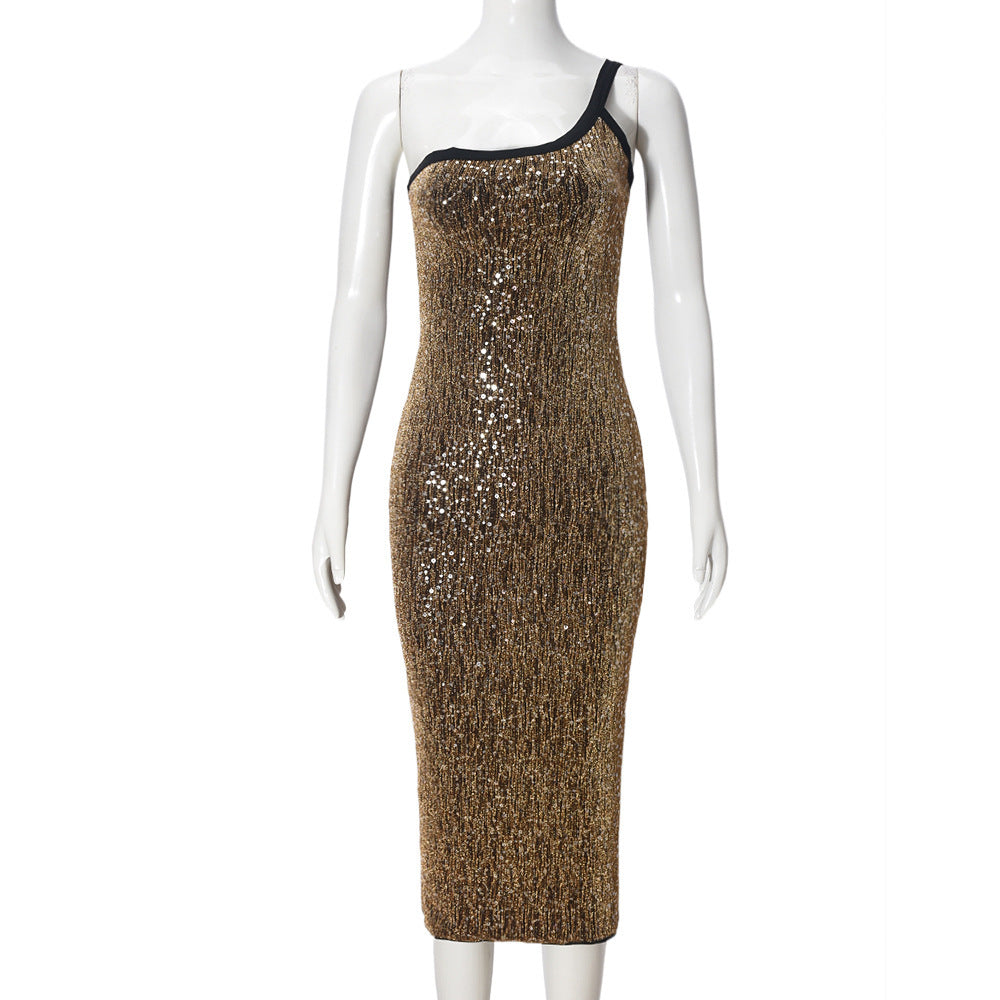Women Clothing Sequin Retro Sexy One Shoulder Sling Backless Stretch Dress
