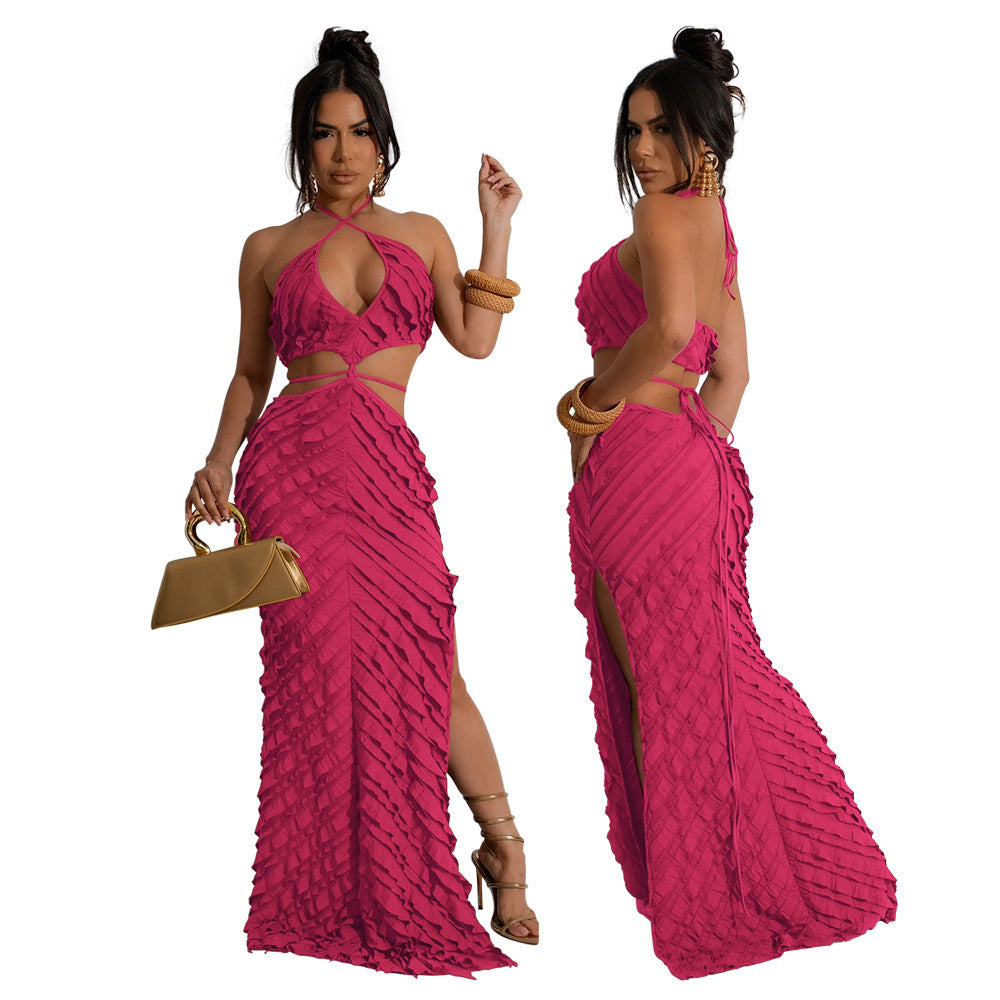 Women Clothing Small Louver Sexy Halter Lace Up Slim Fit Hollow Out Cutout Dress