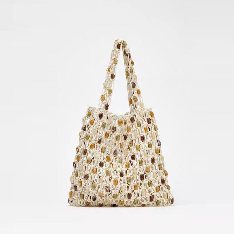 Summer Casual Beaded Bag Women Special Interest High Sense Woven Bag Plaid Hollow Out Cutout Wooden Bead Beach Bag