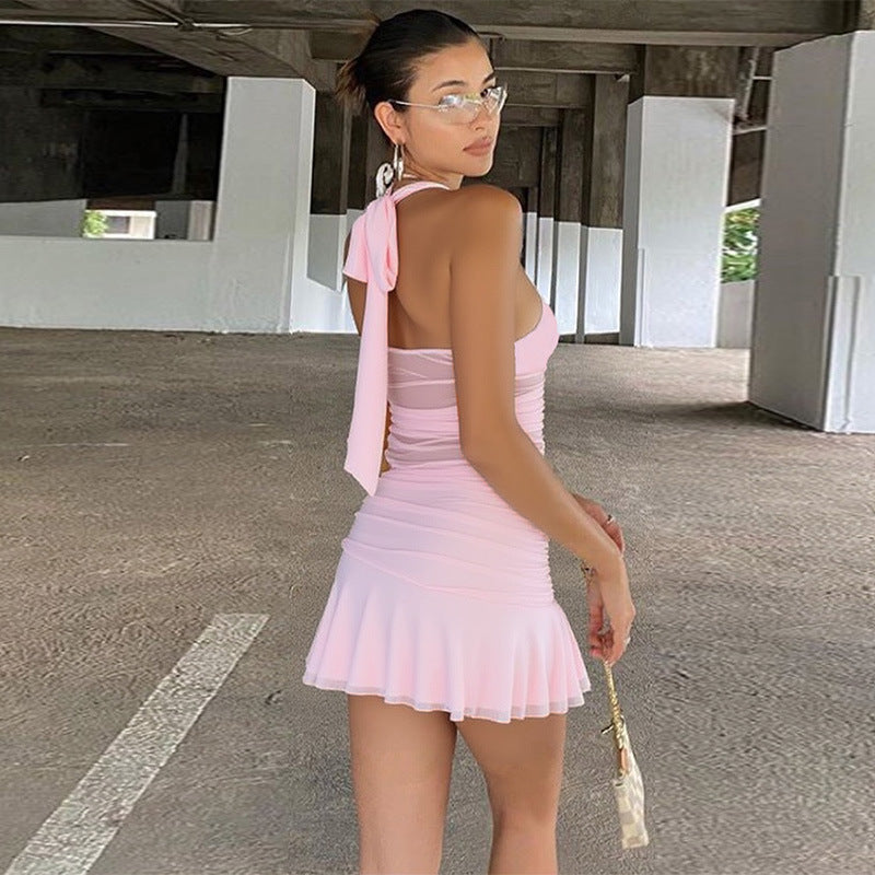 Women Clothing Sexy Deep V Plunge Stitching Mesh Hollow Out Cutout Hip Wrapped Short Halter Dress