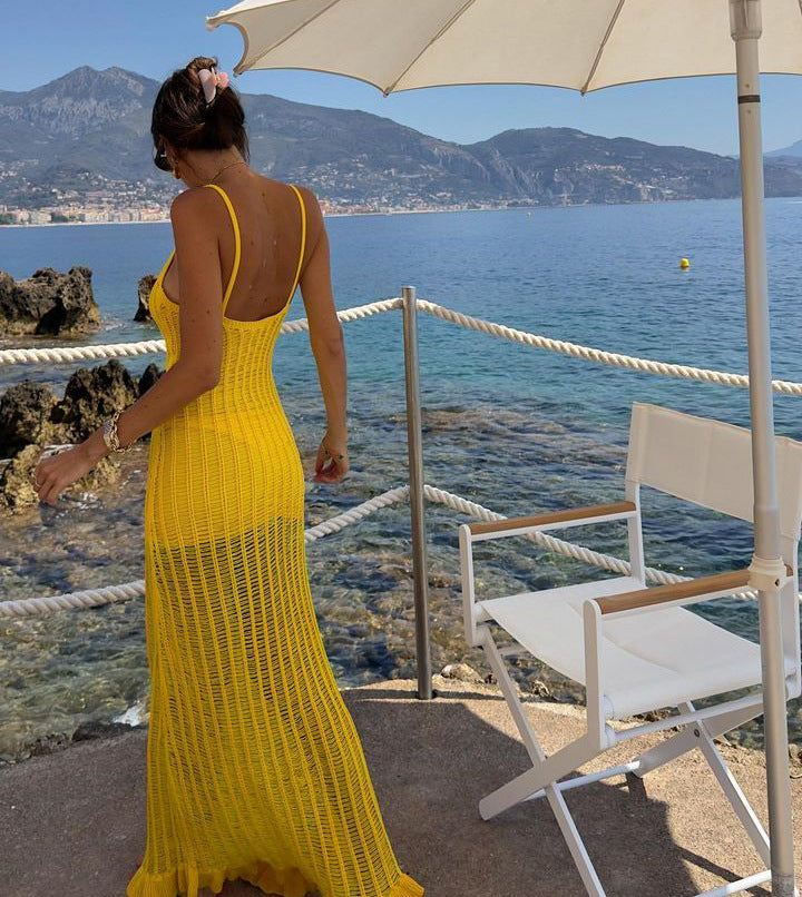 Autumn Winter Sexy Sheath Cutout Sling Ruffled Long Woolen Dress