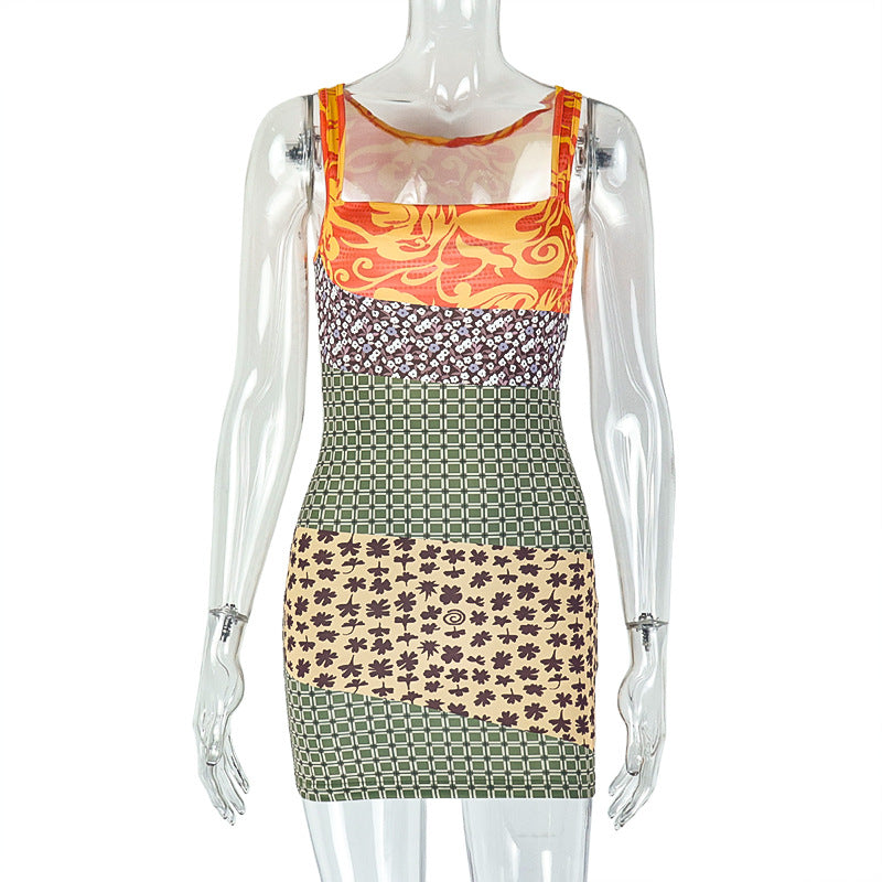 Women Clothing Printed Slim Fit Patchwork Slimming Hip Skirt Casual Sling off Neck Sleeveless Dress