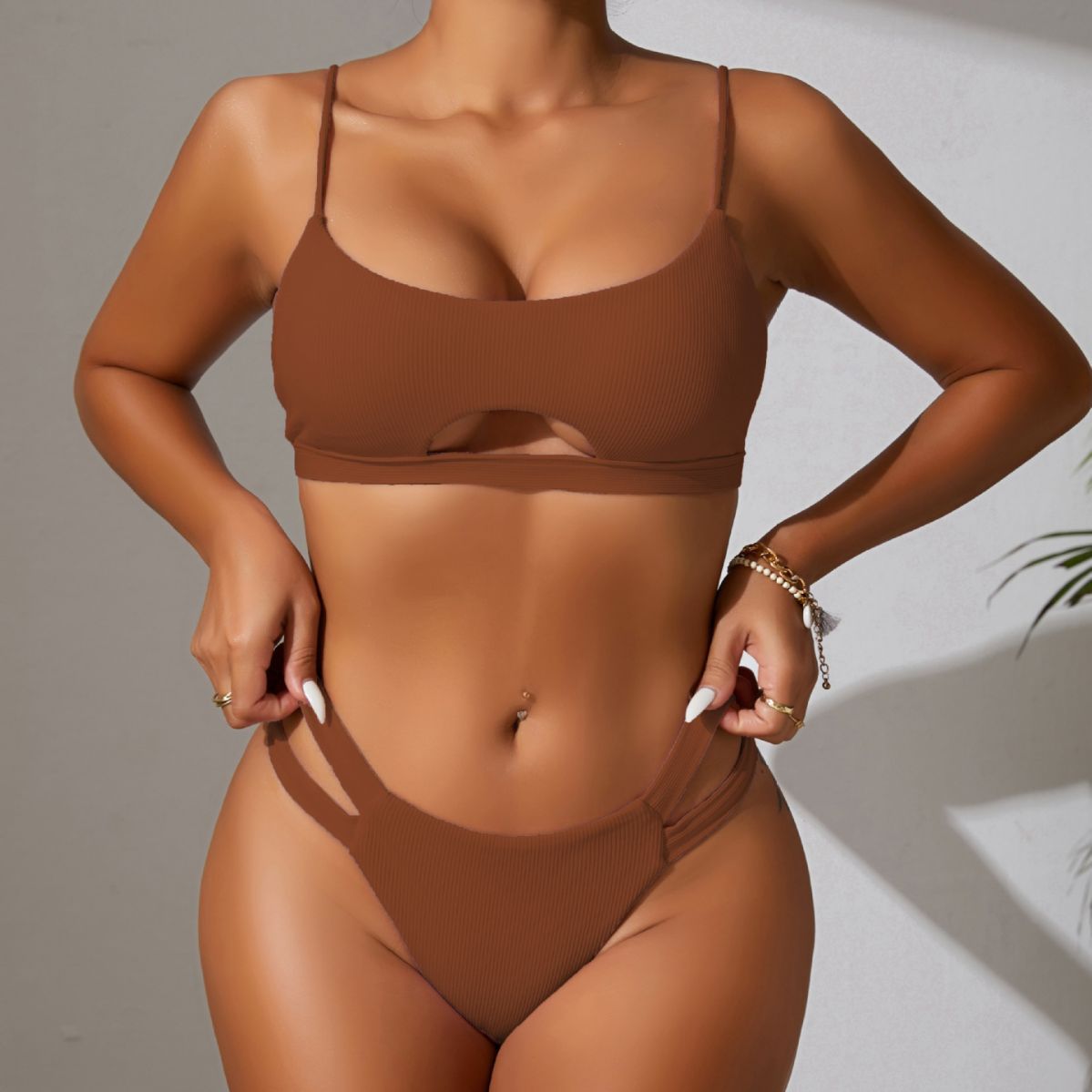 Sunken Stripe Solid Color Sexy Cutout Bikini Two Piece Swimsuit Bikini Swimsuit