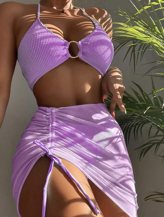 Spring Summer Women Swimsuit Slim Solid Color Sexy Halter Three Piece Set