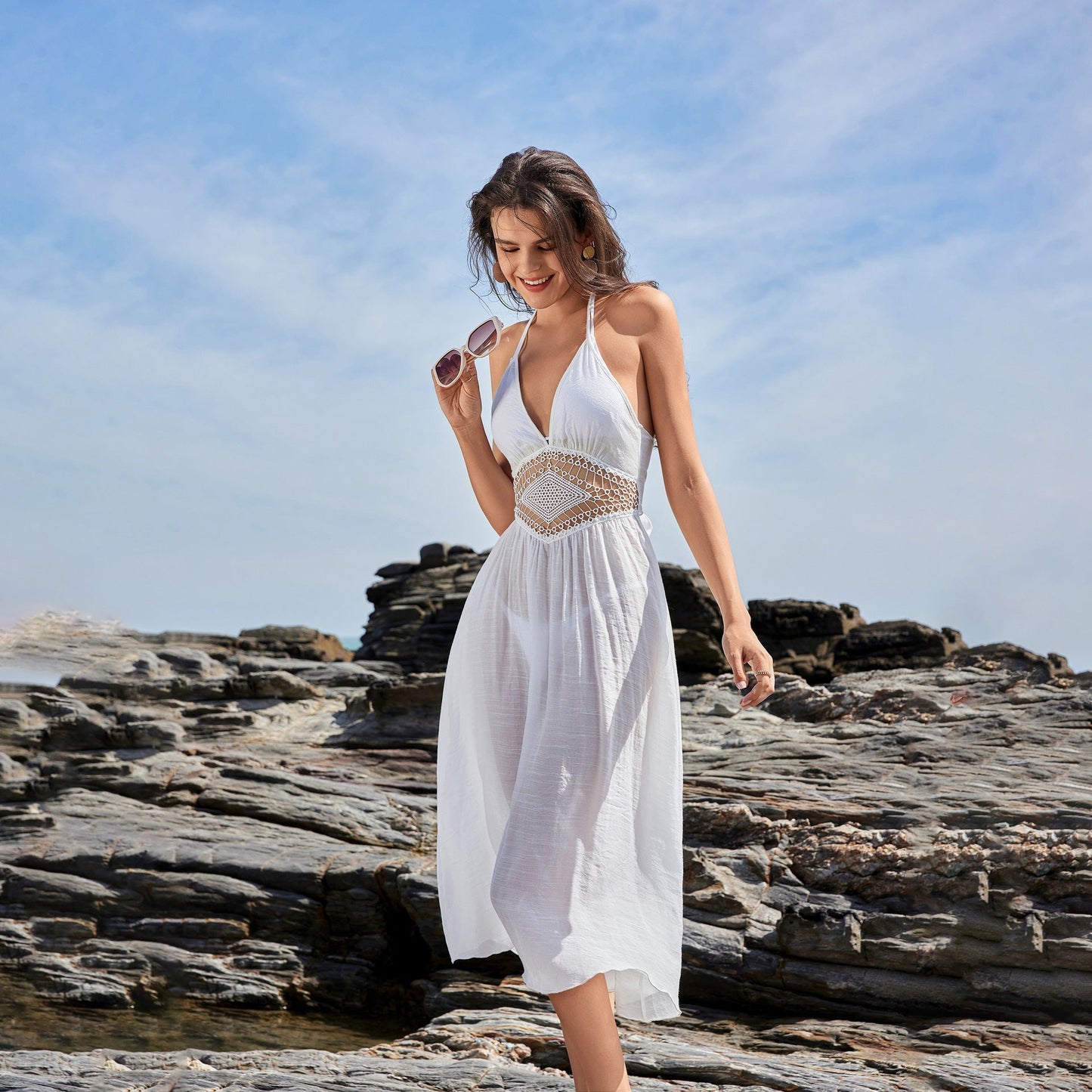 Beach Dress Women Solid Color Sexy Cutout Beach Bikini Swimsuit Blouse Sun Protective Clothing