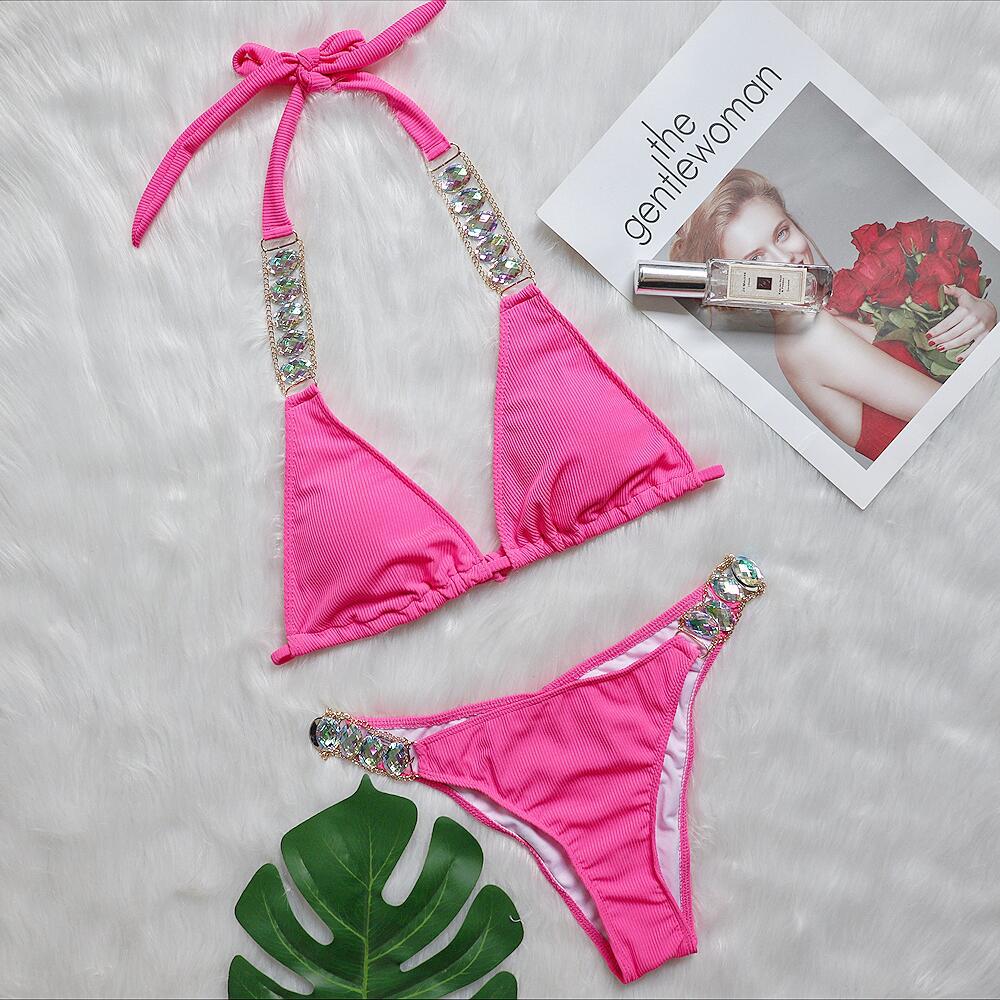Maillot de bain bikini uni à bretelles fendues pour femme, luxueux, avec diamants, chaîne en métal sexy, accessoires