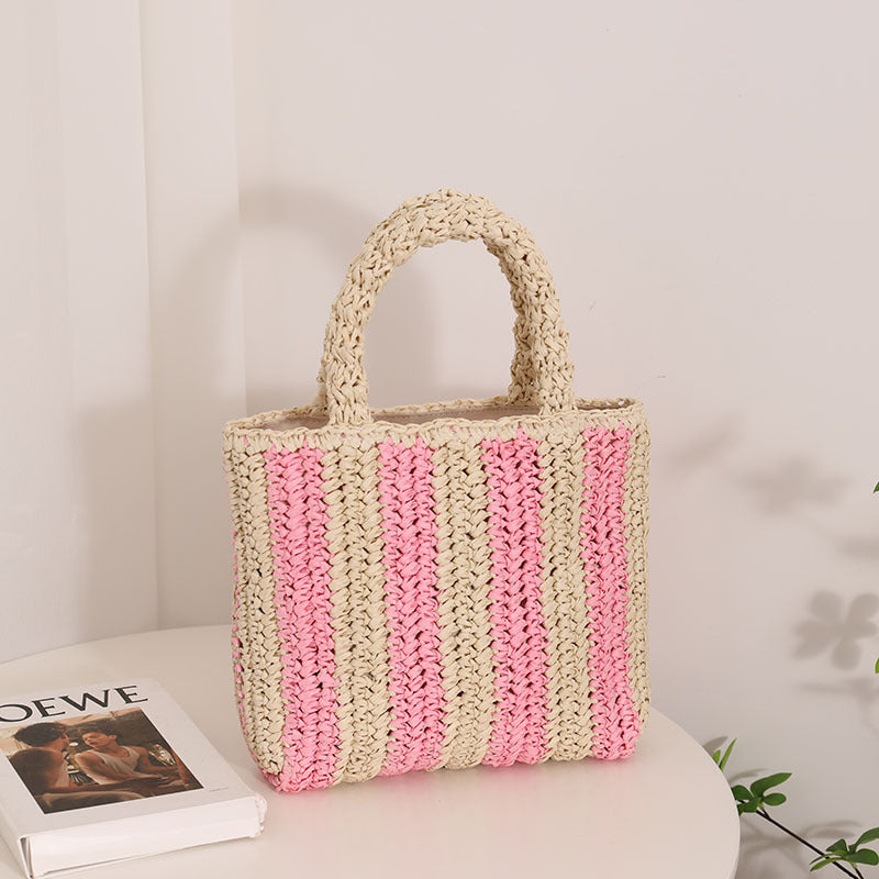 Vertical Stripes French Straw Bag Portable Contrast Color Straw Bag Woven Bag Women's Bag Seaside Vacation Beach Bag
