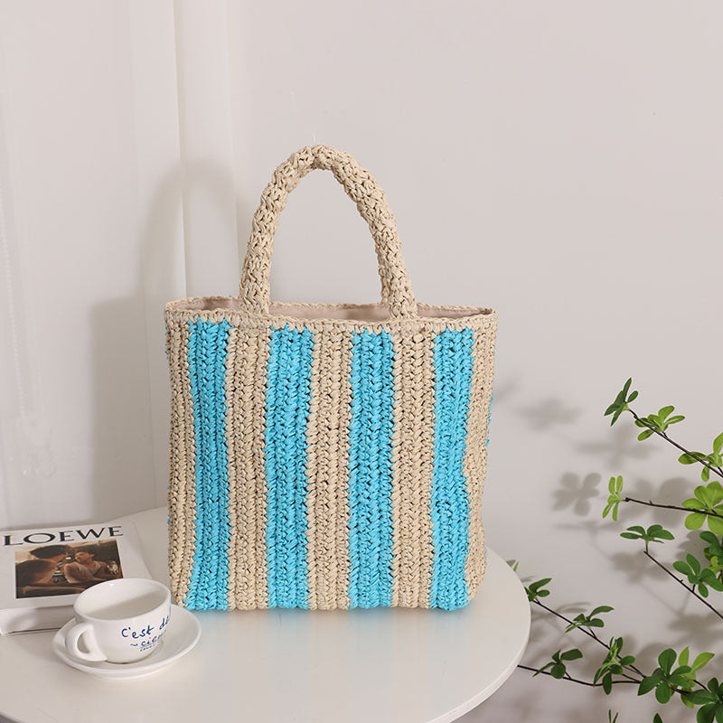 Vertical Stripes French Straw Bag Portable Contrast Color Straw Bag Woven Bag Women's Bag Seaside Vacation Beach Bag