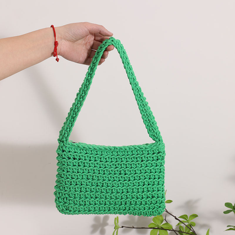 Sac à bandoulière en fil de coton tissé pour femme, sac carré frais, sac en paille, couleur unie, sac de bureau 