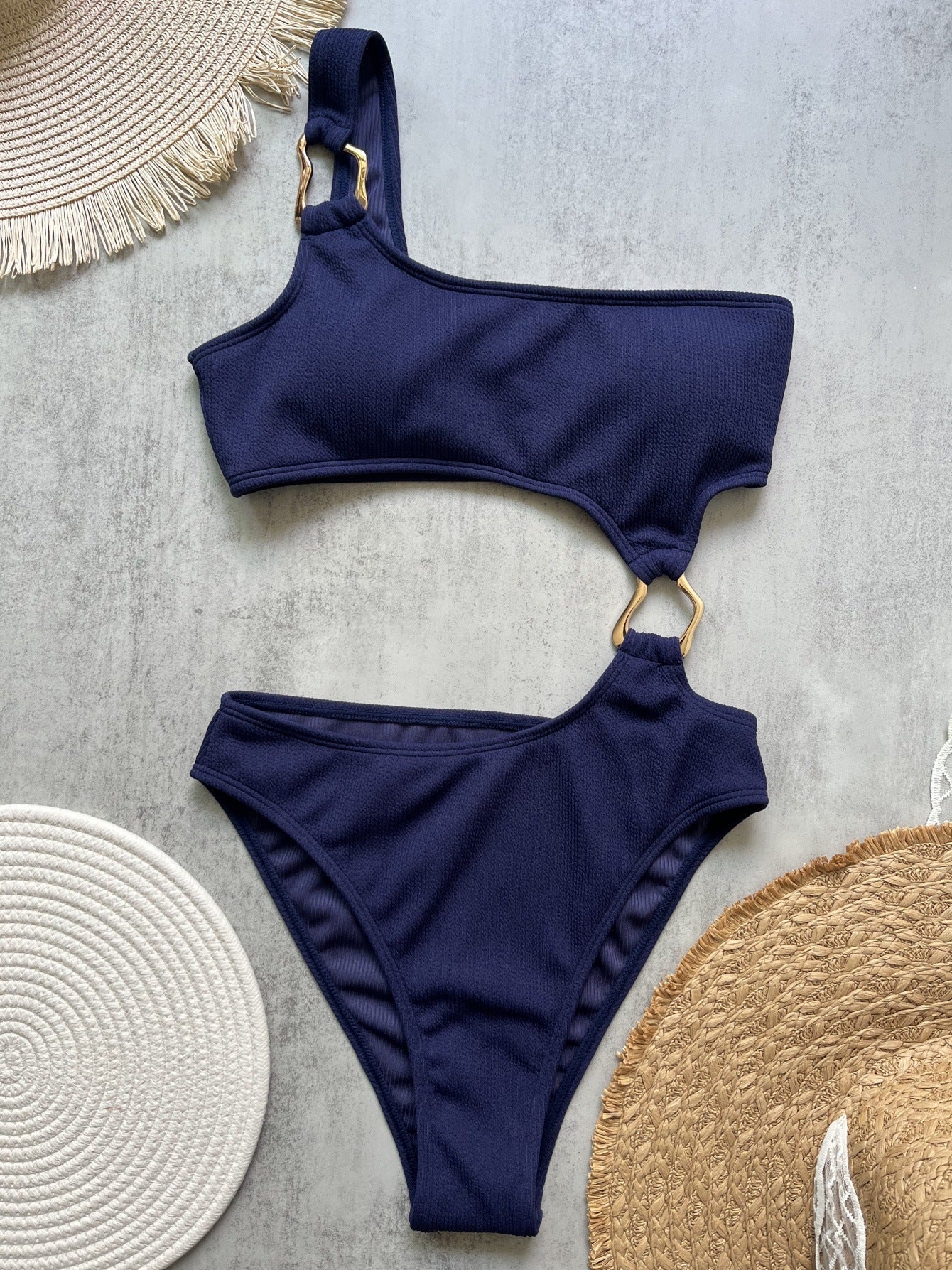 Irregular Asymmetric Metal Accessories Rib Fabric One Piece Swimsuit Beach Sexy Women Swimsuit