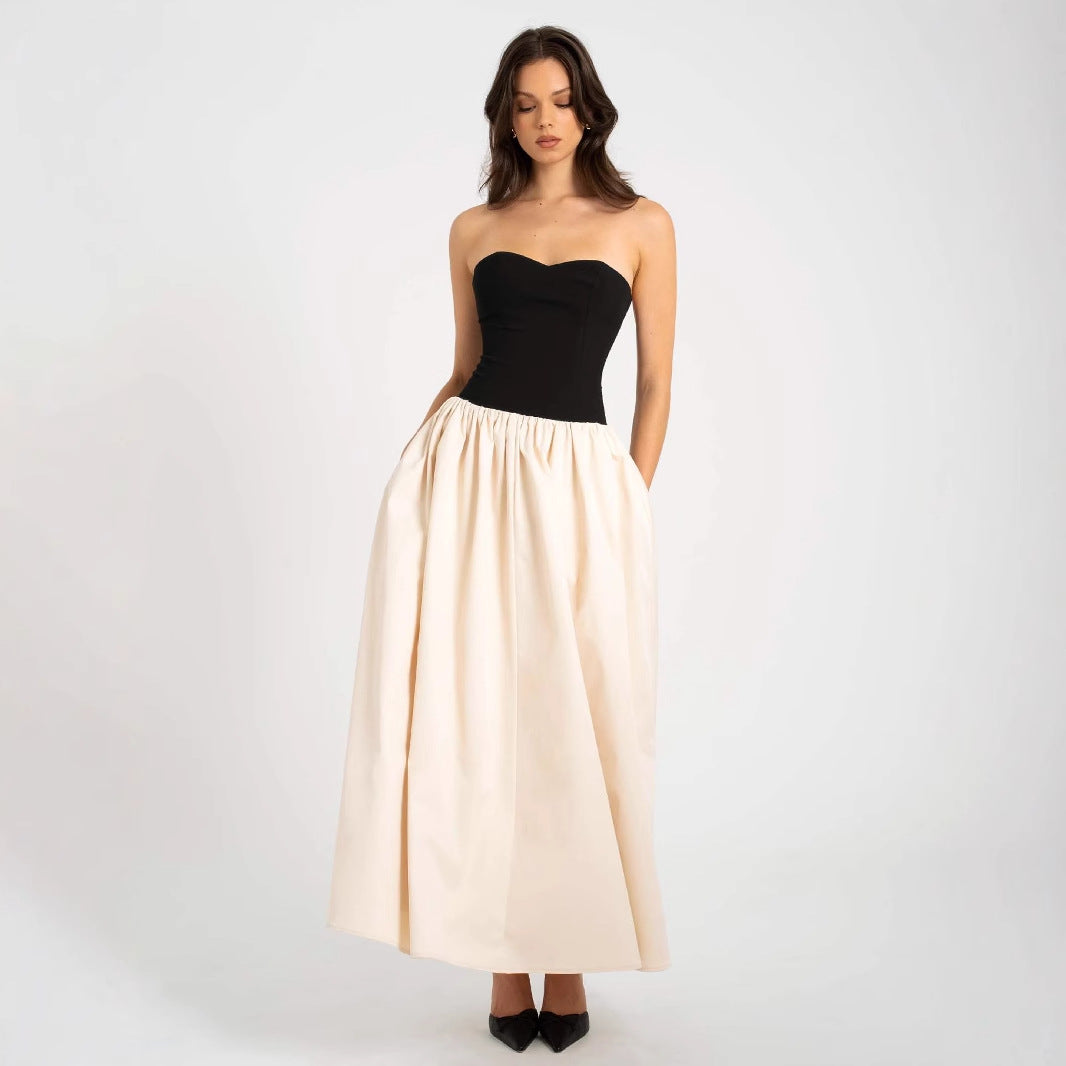 Summer Color Contrast Tube Top Sleeveless Dress Women Clothing