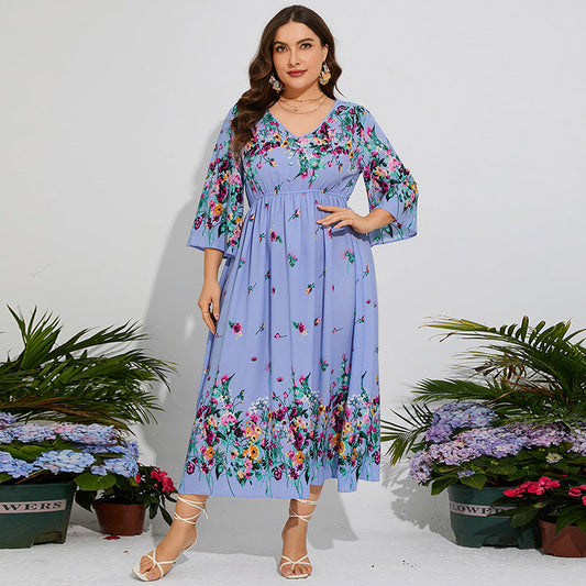 Plus Size Spring Dress Floral Chiffon Elastic Waist Flare Sleeve Vacation Dress