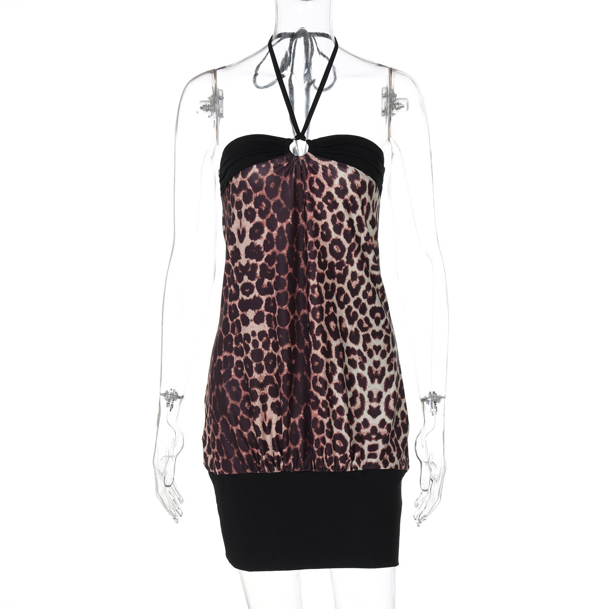 Women Clothing Summer Lace Halter Leopard Splicing Short Sexy Sheath Dress
