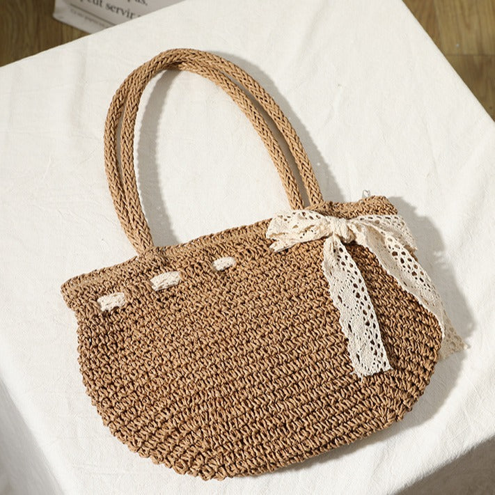 Bow Woven Bag Shoulder Hand Woven Straw Bag Seaside Vacation Beach Bag Women Bag