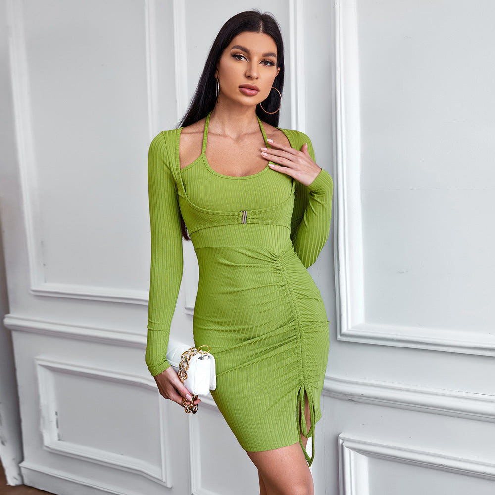 Women Clothing Faux Two Piece Pleating Slim Fit Hip Knitted Long Sleeve Short Dress Mini Dress