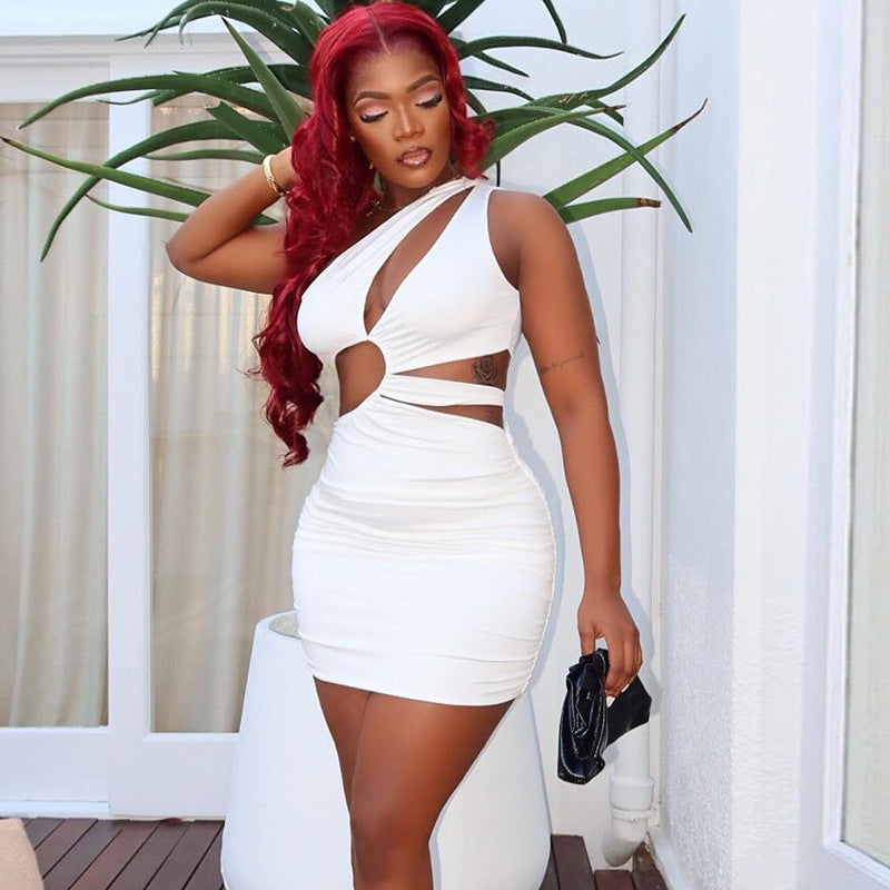 Casual Women Clothing Hollow Out Cutout Comfortable Elegant Simple Solid Color Hip dress Sleeveless Diagonal Collar Short Dress