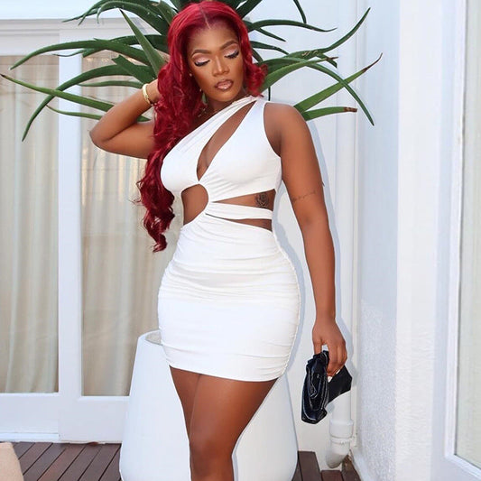 Casual Women Clothing Hollow Out Cutout Comfortable Elegant Simple Solid Color Hip dress Sleeveless Diagonal Collar Short Dress