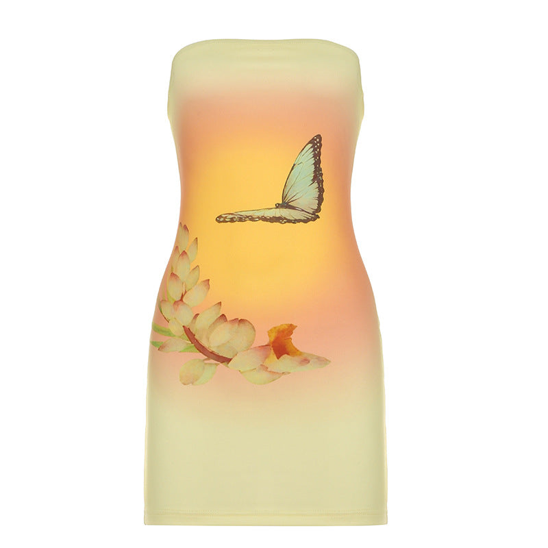 Women Clothing Summer Sleeveless Sexy Strapless Dress Butterfly Floral Print Hip Dress