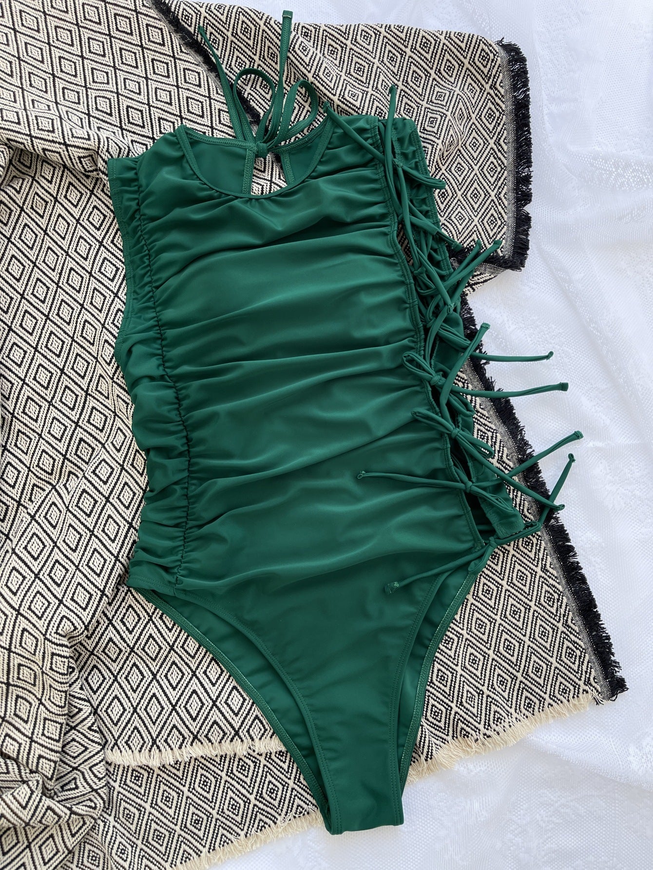 Drawstring Lace-up Sexy Bikini Solid Color Pleated Swimsuit Crisscross