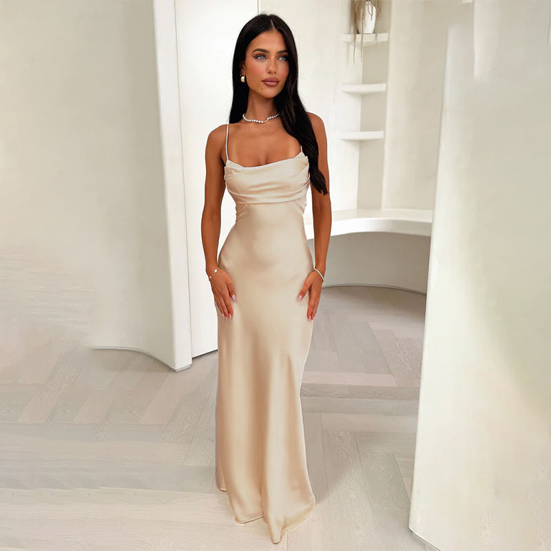 Satin Lace up Waist Controlled Dress Summer Sexy Strap Dress