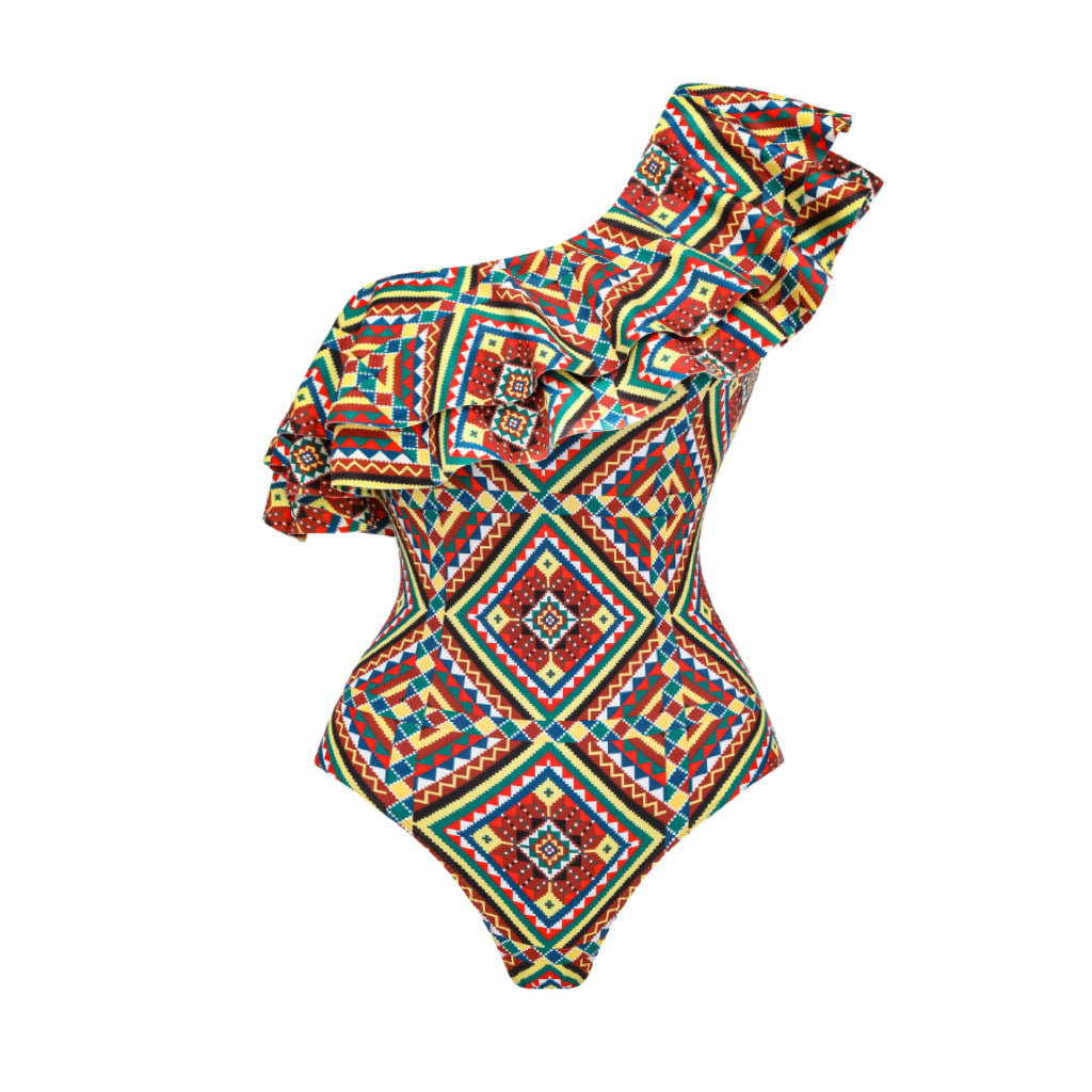 Sexy One Piece Swimsuit Women Bikini Ruffled Printed Swimsuit Chiffon Dress