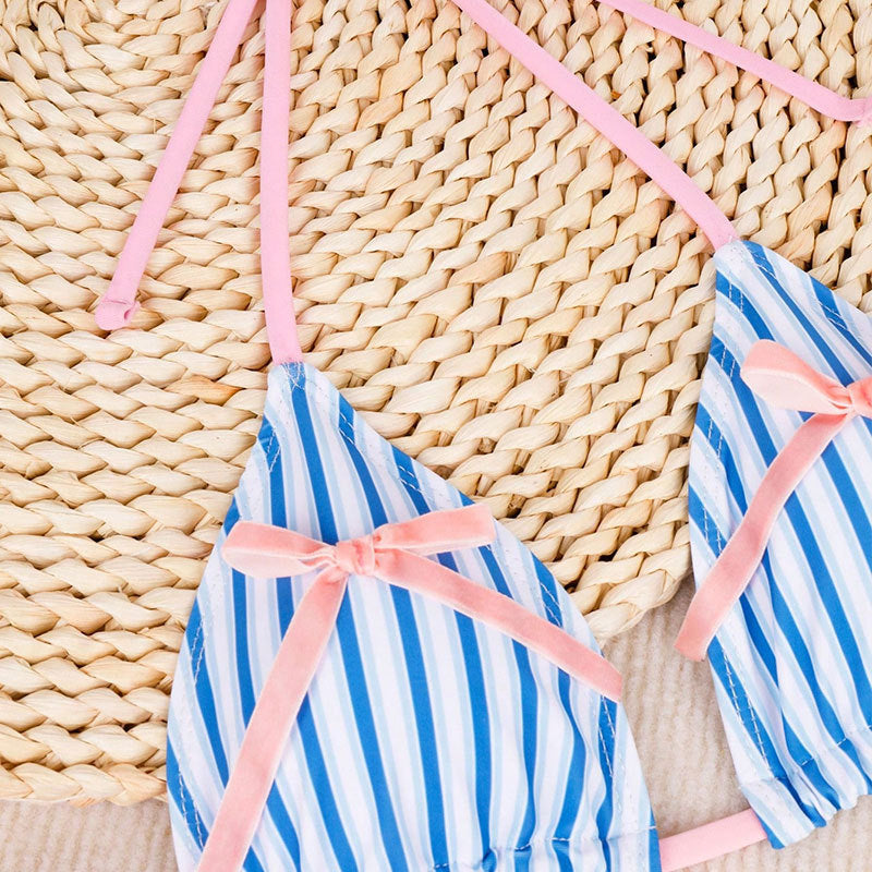 Women Sexy Backless Striped Bikini Deep V Plunge Three Point Bikini Split Swimsuit