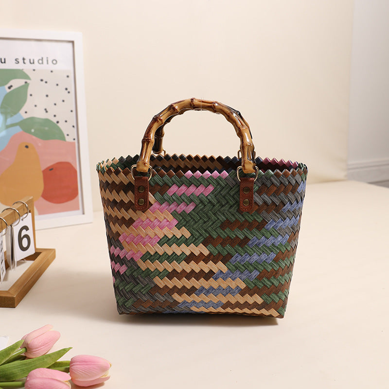 Retro Color Portable Straw Weaved Bag Square Hand Woven Bag Vacation Beach Bag Women Bag
