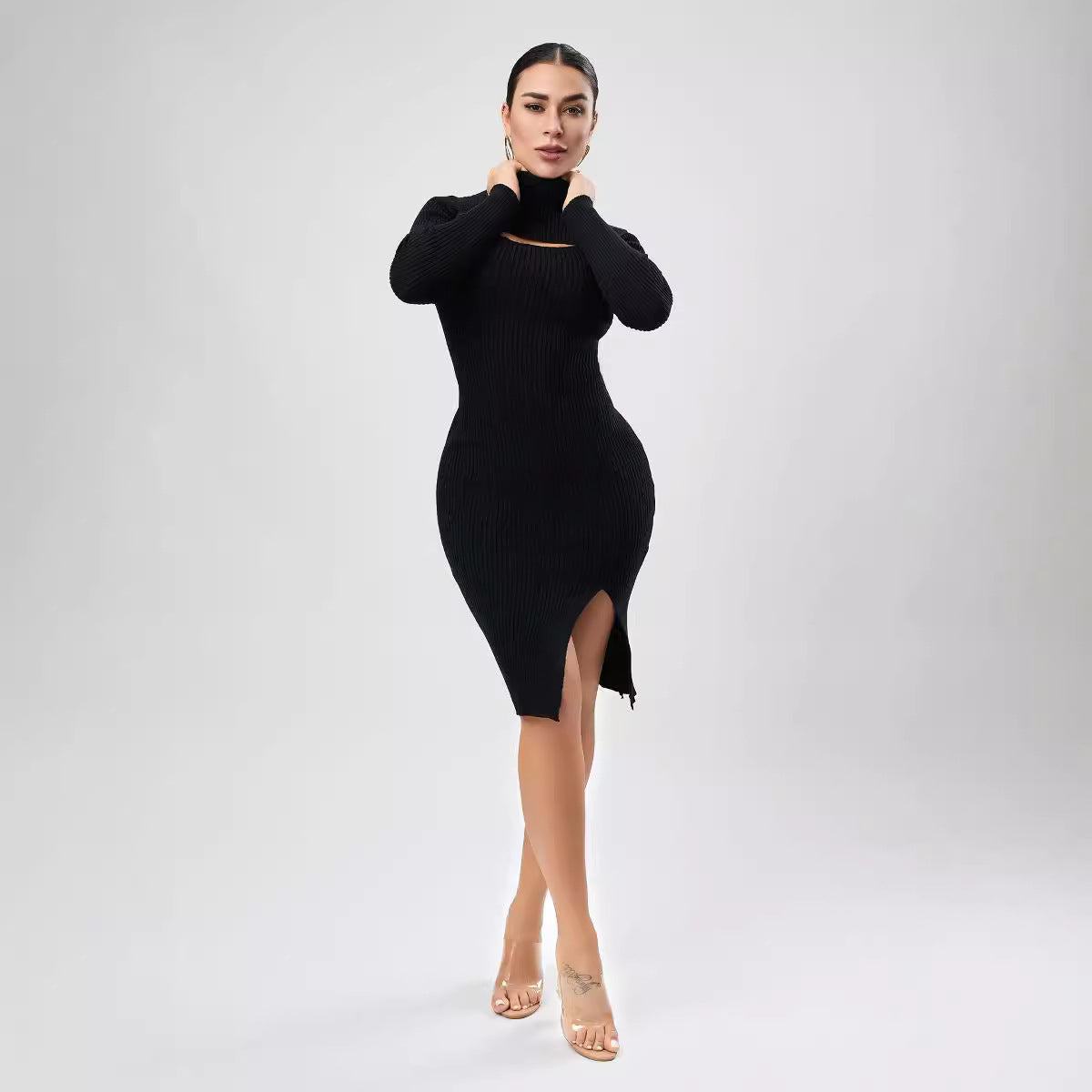 Autumn Women Clothing Half Turtleneck Chest Hollow Out Cutout Design Sweater Skinny Slimming Dress